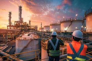 Zwei Arbeiter überwachen bei Sonnenuntergang Öllagertanks in einer Industrieanlage